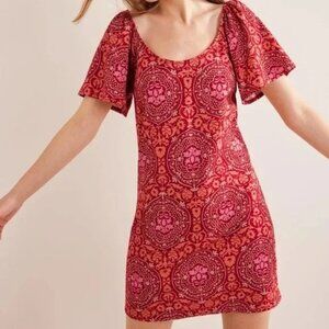 Boden Scoop Neck Knit Tile Print Mini Dress Flutter Sleeves Size 10 L Summer